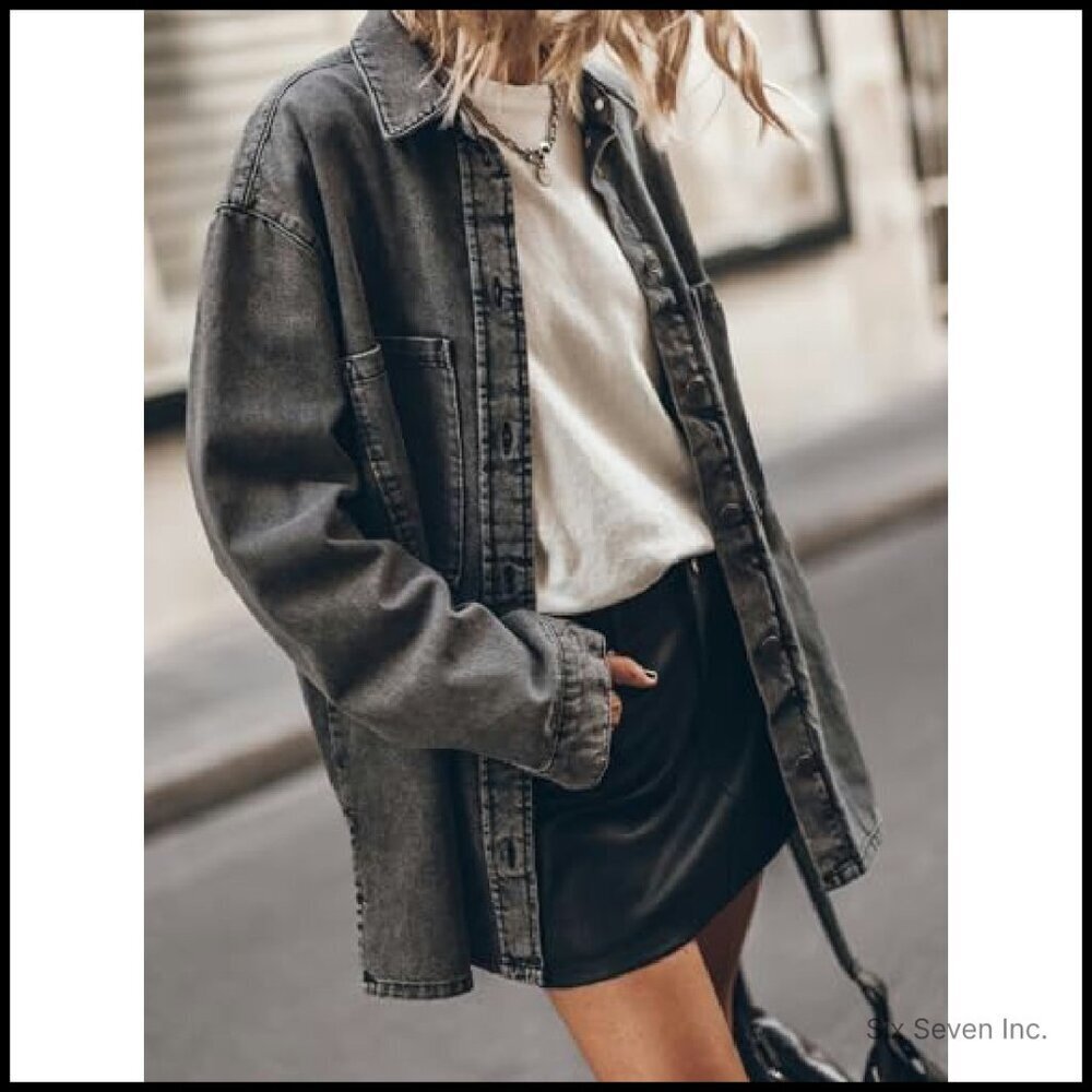 Oversized Denim Jacket Classic Button Up Casual Chic Y2K Retro Boyfriend Fit - Picture 3 of 8